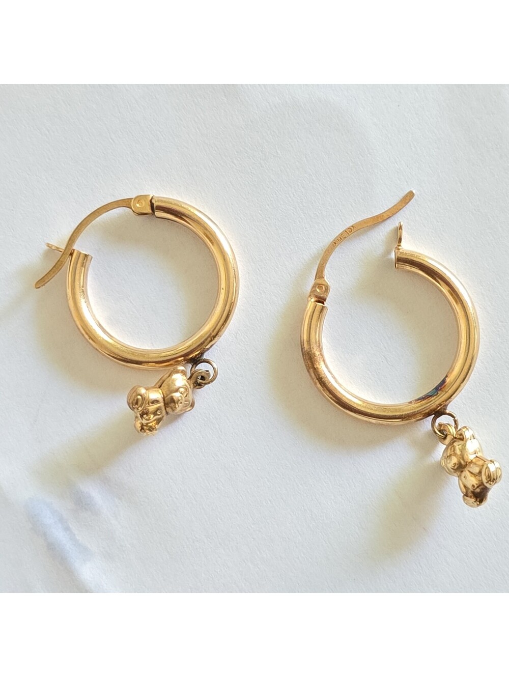 10k yellow gold hoop earrings with teddy bear charms
